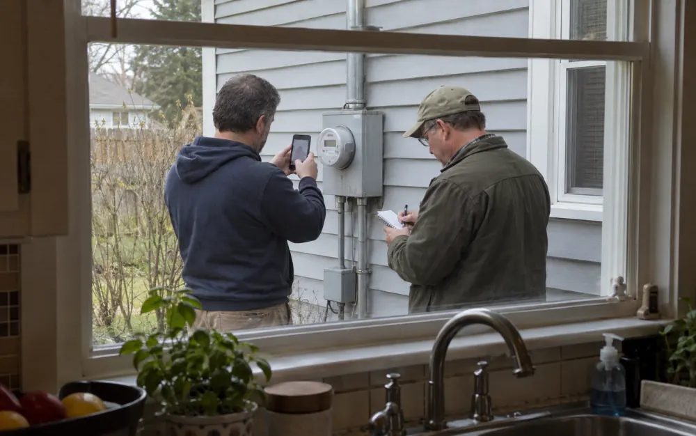 Two men inspecting an intact electric meter, viewed through a kitchen window.