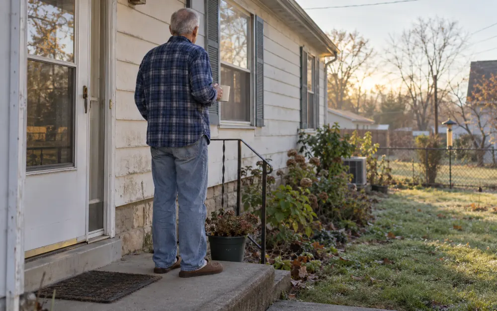 An older man on his doorstep holding a mug.