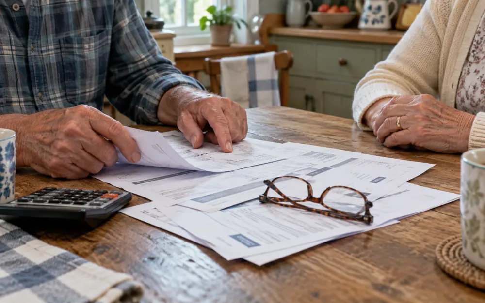 An older couple reviewing bills at their kitchen table.