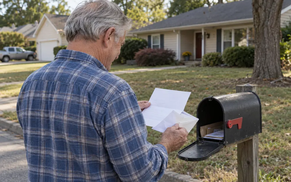 An older man opening a letter beside his mailbox.